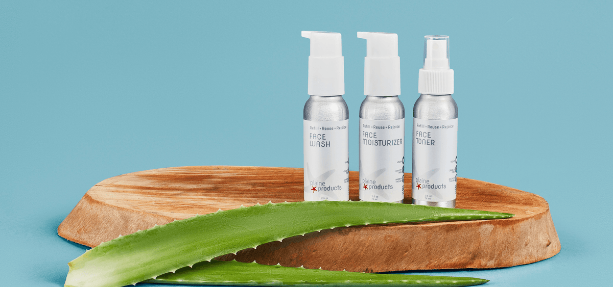 Three small Plaine Pro bottles labeled Face Cream, Face Moisturizer, and Face Toner arranged on a round wooden slice with aloe vera leaves in front, against a light blue background.