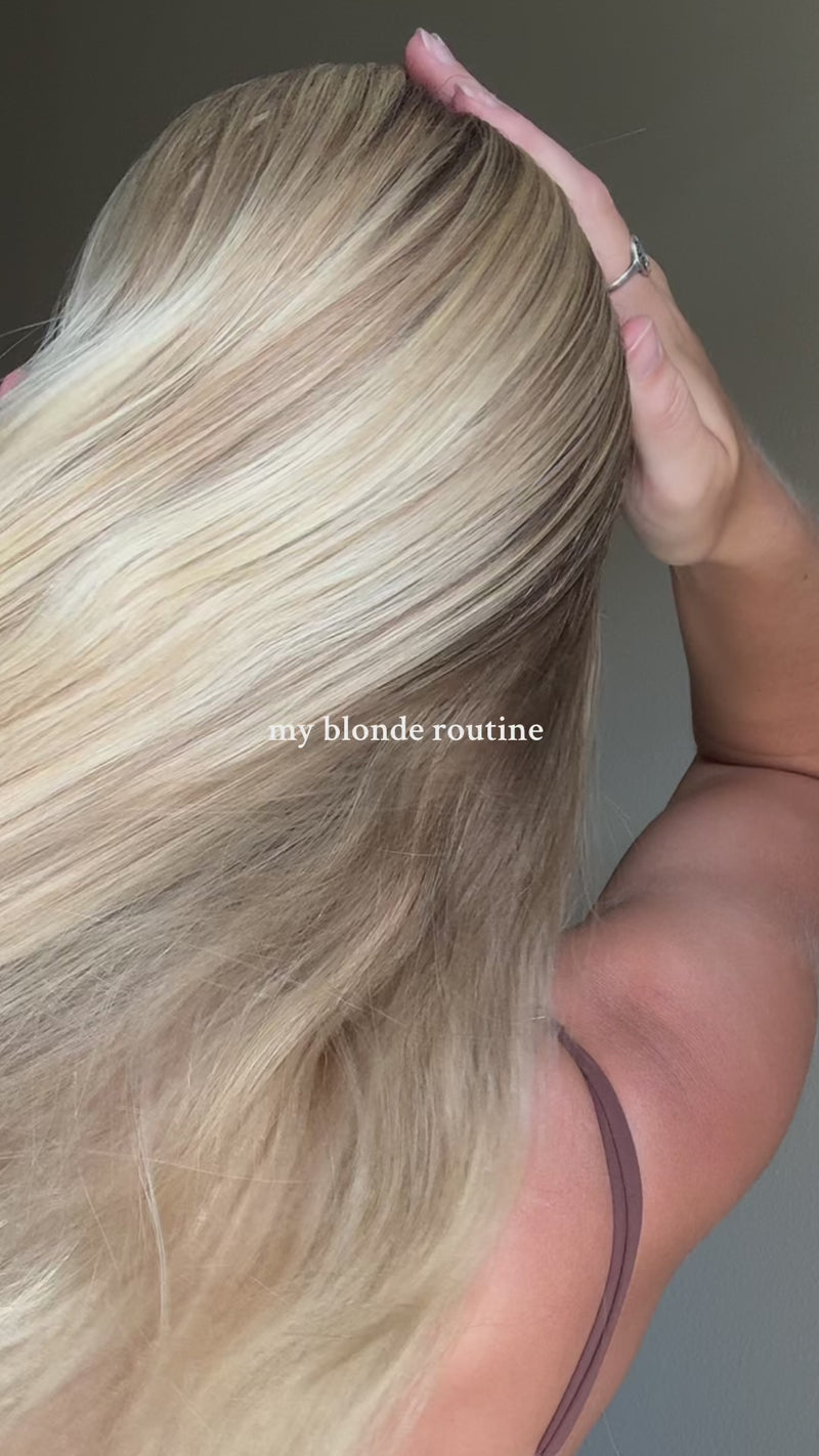 My blonde routine includes plaine Products purple shampoo and deep conditioner, they make my blonde hair shine.